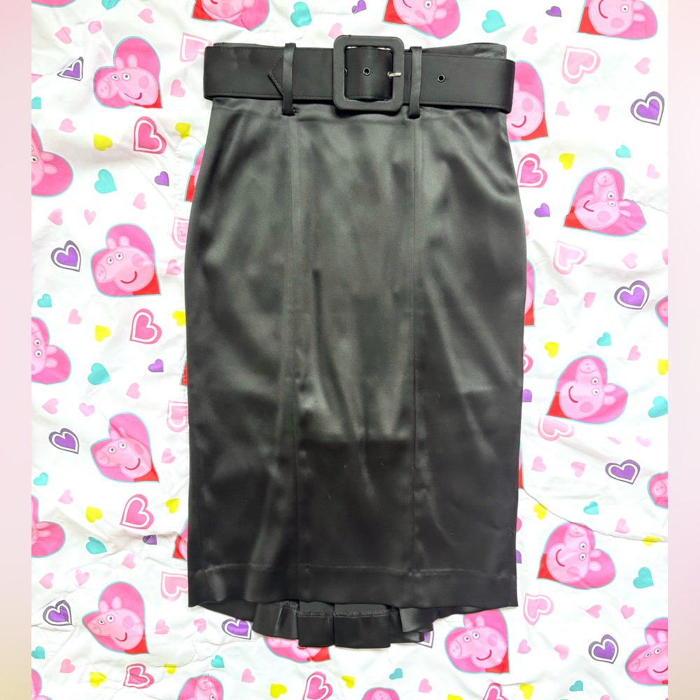 Bebe Y2K Black Satin Belted Pleated Pencil Skirt